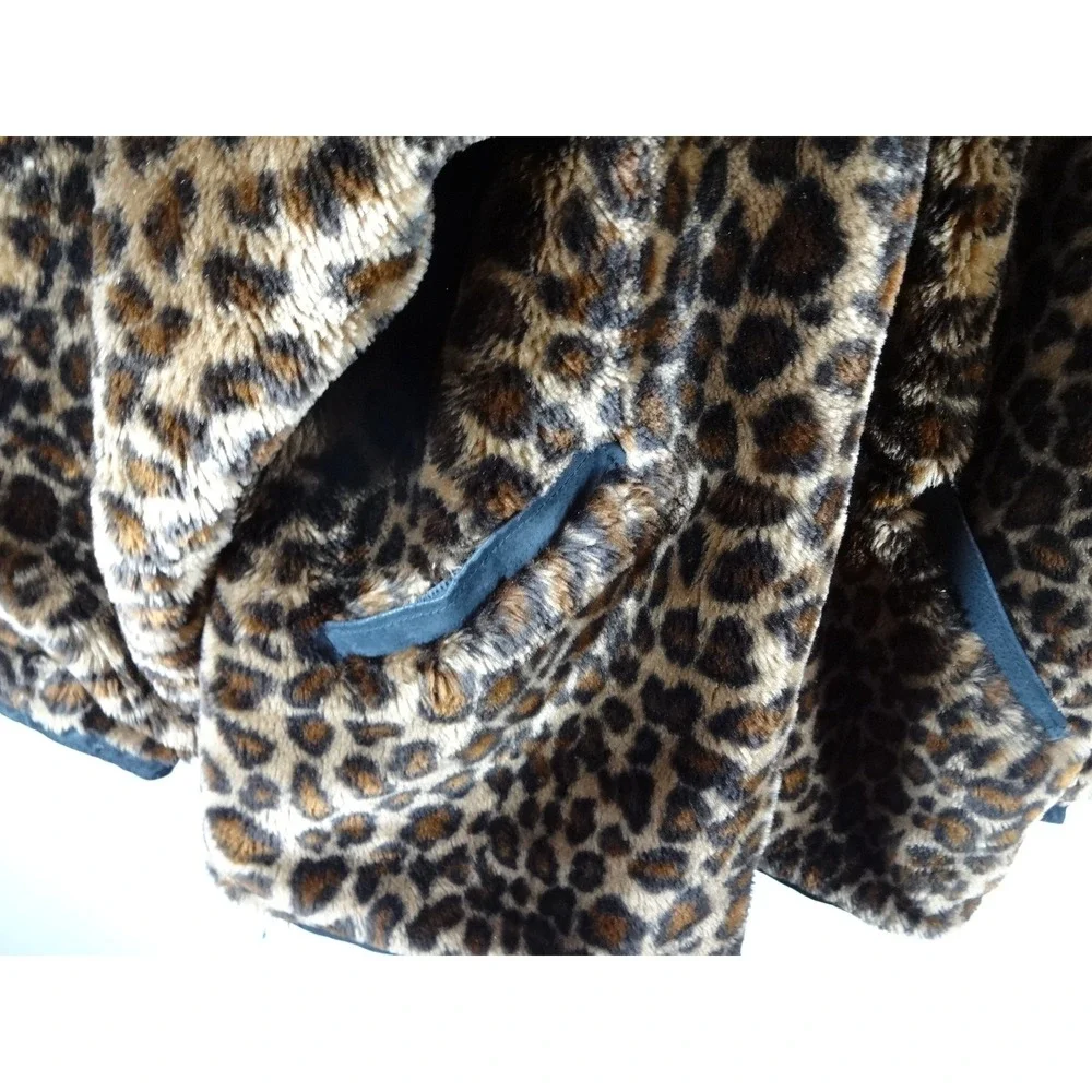 VTG Basic Editions Faux Fur Coat XL/2XL Brown‎ Leopard Print Y2K Zip Up Reverse